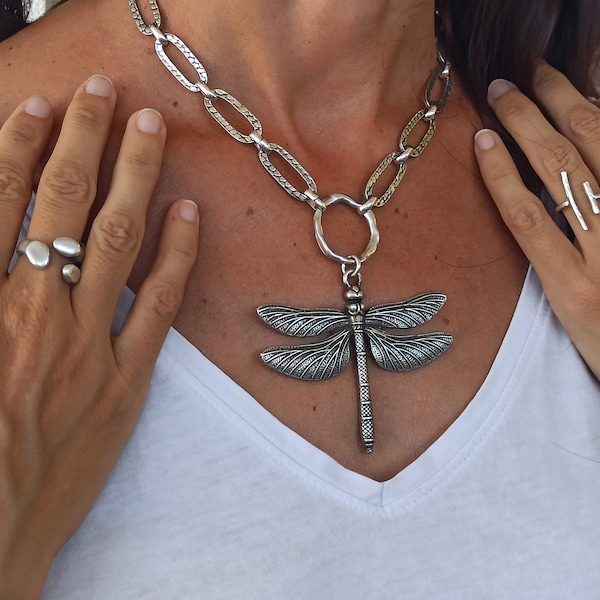 Silver chunky necklace, Antique silver Dragonfly necklace, Boho necklace