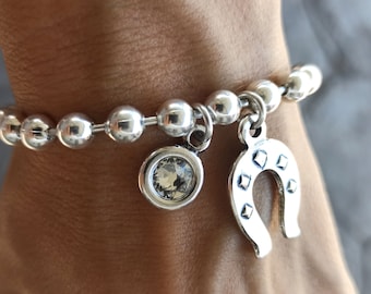 Silver Horseshoe Charm Bracelet: Chunky Ball Chain, Swarovski Crystal