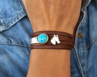 Silver Horse leather bracelet, wrap leather bracelet, leather and zamak cuff, gift for her, present for him