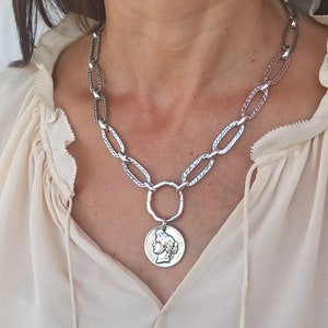 Silver Chunky Necklace, Chunky Coin Necklace, Antique Coin Necklace, Oval Link Chain