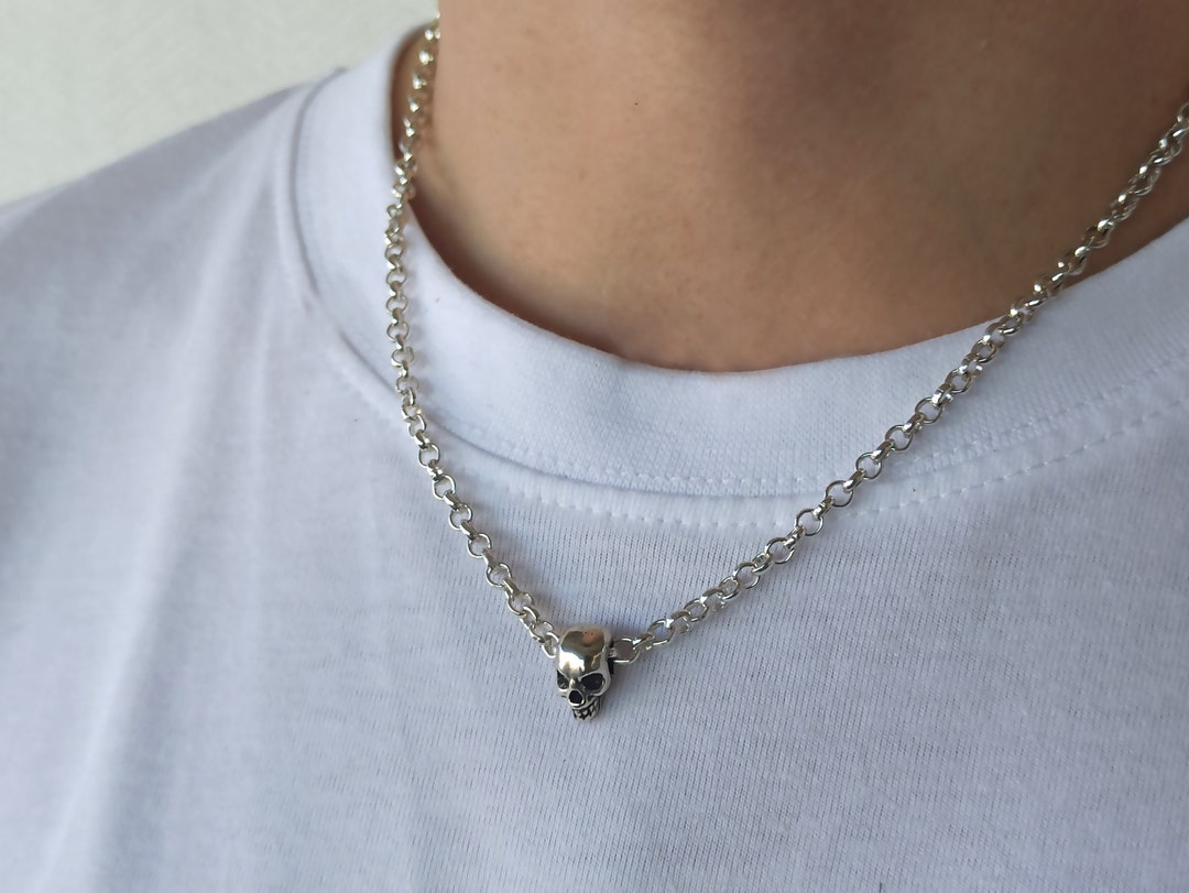 Mens Skull Necklace, Silver Skull Necklace, Statement Necklace, Mens