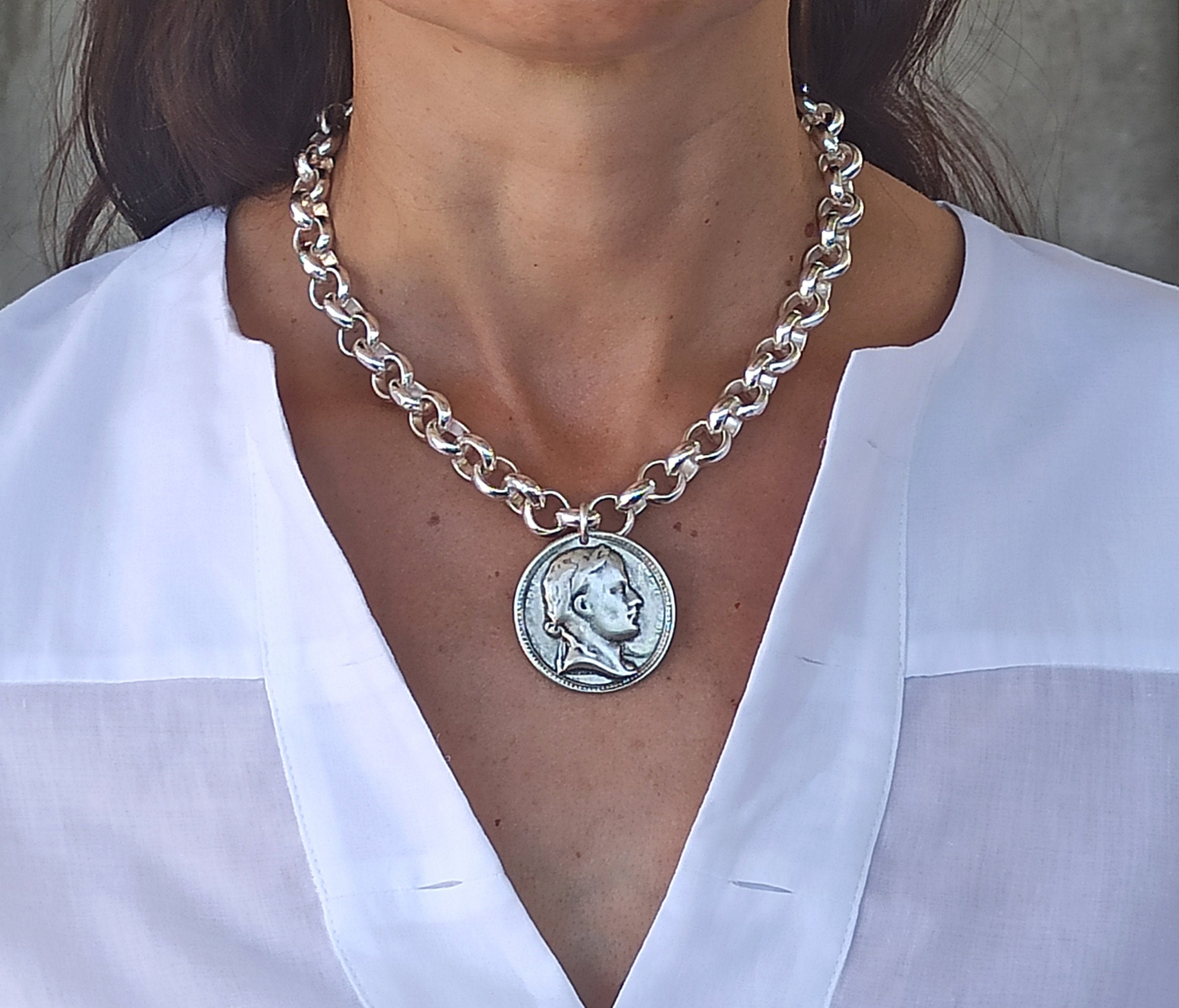 Silver Chunky Necklace, Chunky Coin Necklace, Antique Coin