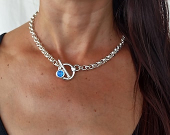 Chunky Silver Rolo Chain Necklace: Swarovski Crystal Toggle