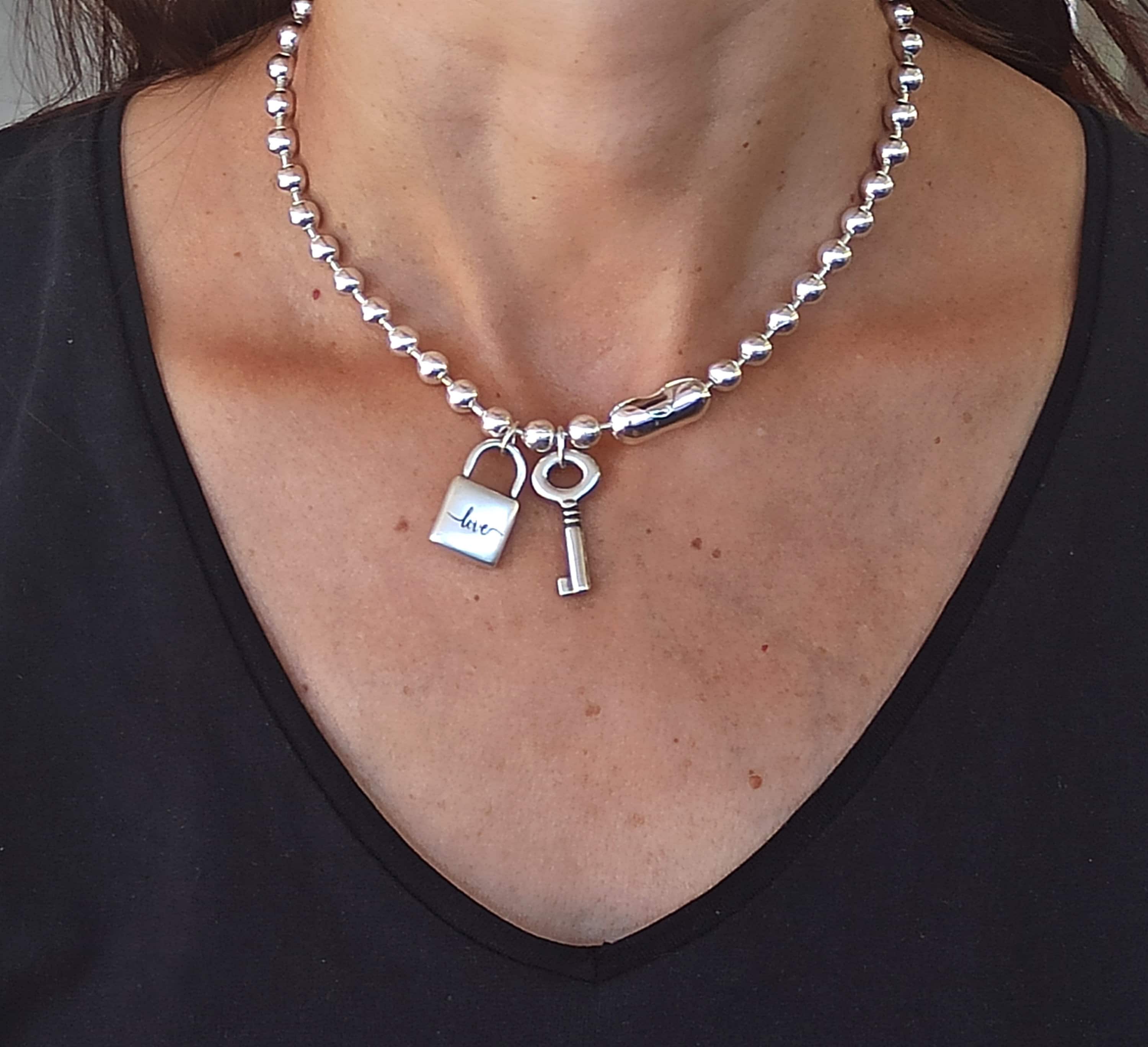 Silver Chunky Necklace Key and Lock Silver Chunky Ball Chain
