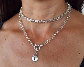 Silver chunky necklace, Lock necklace, Chunky rolo chain, Padlock necklace, chunky necklace for woman
