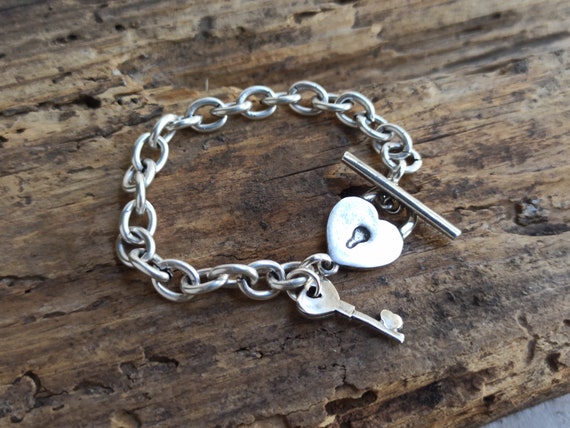 Silver Chunky Heart Key and Lock Bracelet