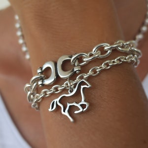 Pulsera de caballo de plata, pulsera de caballo con cadena de plata, colgante de caballo