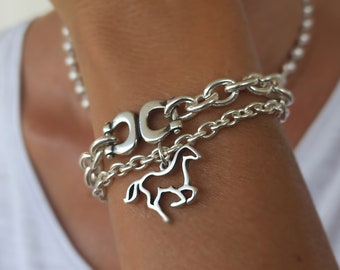 Sterling Silver Plated Horse Charm Bracelet, Handmade Chain
