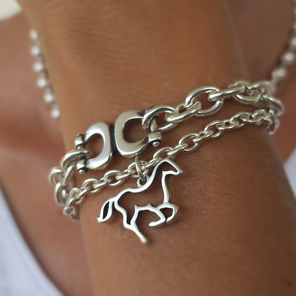 Silver horse bracelet, silver chain horse bracelet, horse pendant