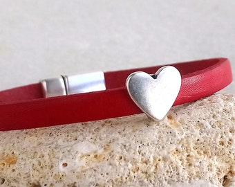 Heart Zamak leather bracelet - Leather jewelry - Gift for her - Heart bracelet