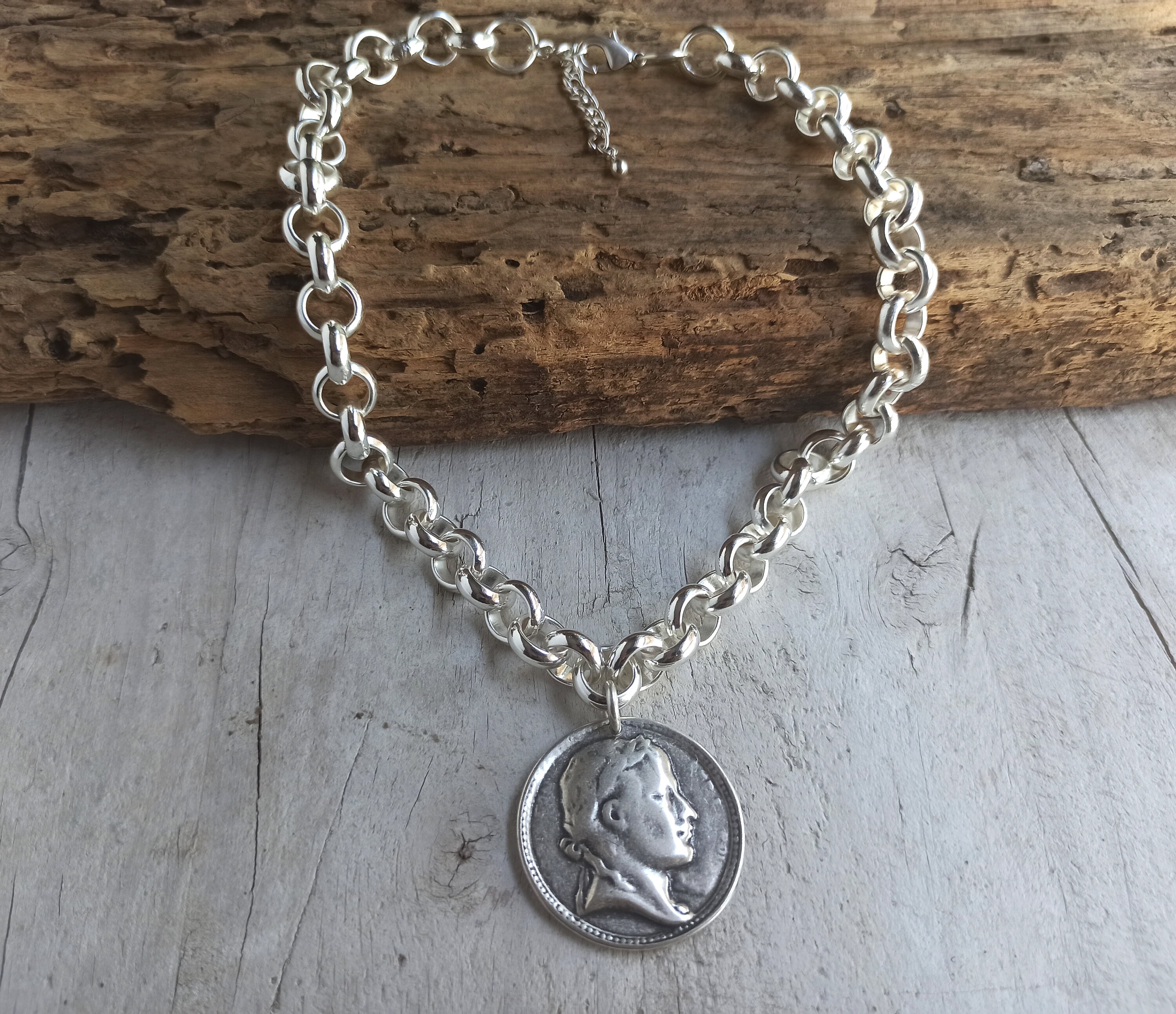 Silver Chunky Necklace, Chunky Coin Necklace, Antique Coin