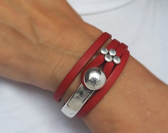 Red Leather Wrap Bracelet: Sterling Silver Plated Zamak, Handmade