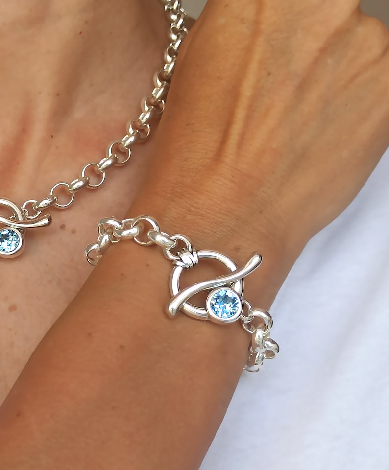 Ensemble gros collier et bracelet en argent, grosse chaîne Rolo en argent Swarovski, collier et bracelet Swarovski Toggle image 3