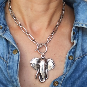 Silver Elephant necklace, Chunky silver chain, Elephant chunky necklace, Elephant pendant