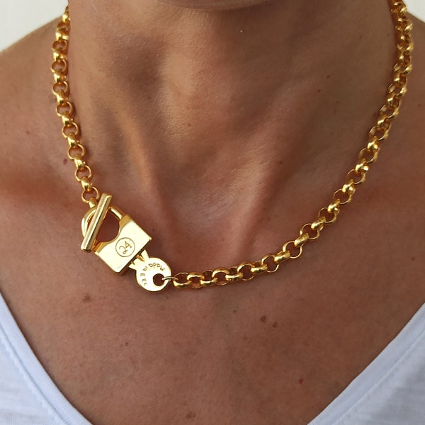 Collier Chunky 24k plaqué or, Collier Clé et serrure, Chaîne Chunky rolo, Collier cadenas