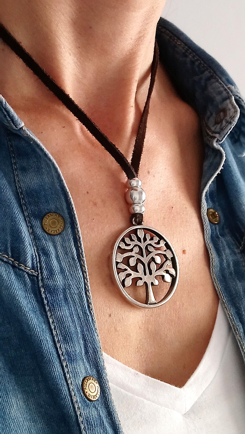 Zamak necklace Boho necklace Suede necklace Tree of Life Leather Necklace Sterling silver plated necklace Gift for Her