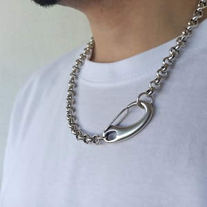 Men's Chunky Carabiner Necklace: Antique Silver Rolo Chain