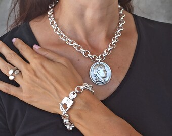 Silver Chunky Necklace, Chunky Coin Necklace, Antique Coin
