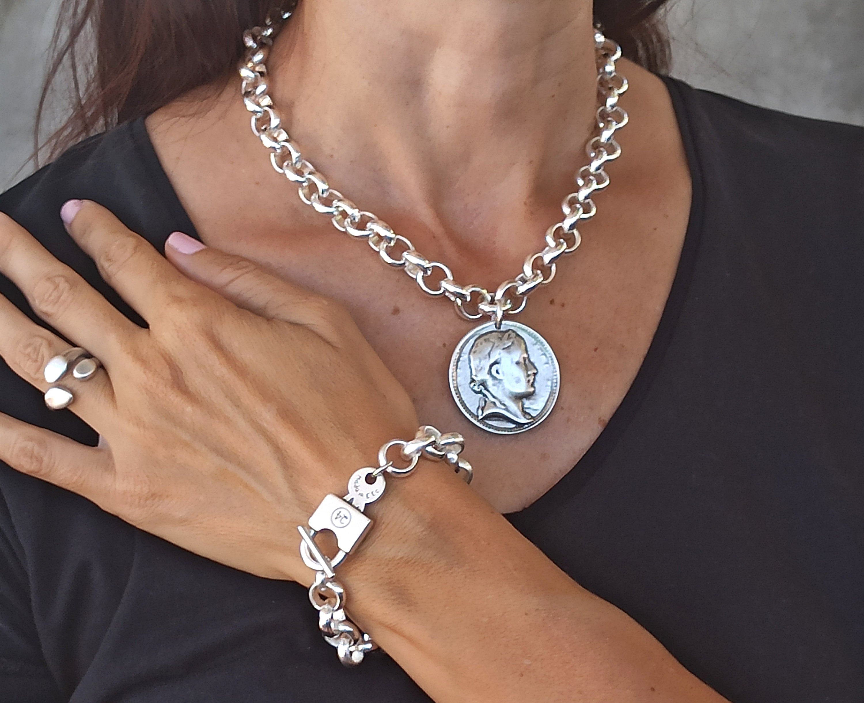 Silver Chunky Necklace, Chunky Coin Necklace, Antique Coin