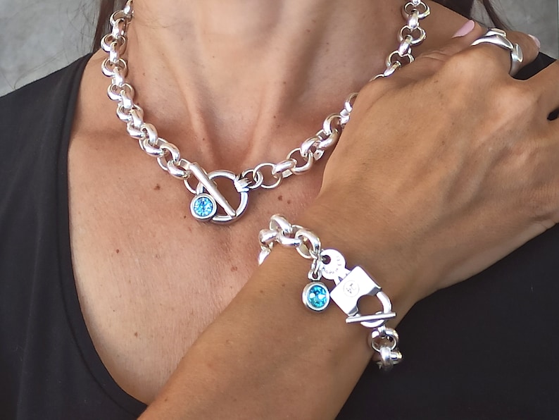 Silver chunky necklace, Swarovski chunky silver rolo chain, Swarovski toggle necklace image 6