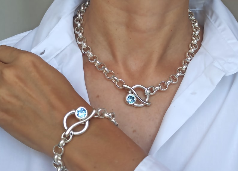 Ensemble gros collier et bracelet en argent, grosse chaîne Rolo en argent Swarovski, collier et bracelet Swarovski Toggle image 7
