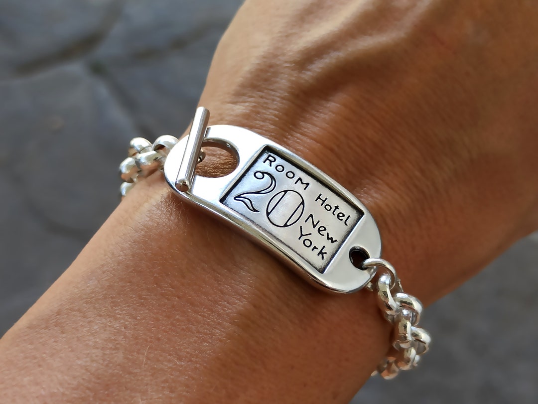 Silver Chunky Bracelet, Chunky Id Tag Bracelet, Hotel Room Bracelet
