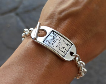 Silver chunky bracelet, Chunky Id tag bracelet, hotel room bracelet, Key bracelet