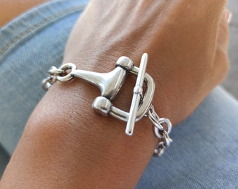 Pulsera de plata gruesa, pulsera de cadena de horsebit de plata