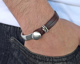 Pulsera de cuero para hombres, puño de plata para hombres, pulsera de cuero, nudo de plata, zamak y pulsera de cuero, regalo para él