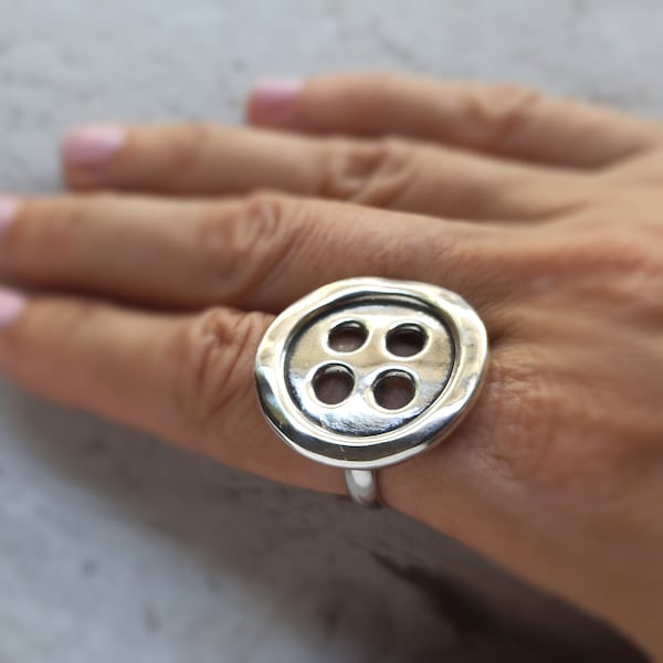 Button ring, Silver button ring, Chunky ring