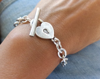 Silver Heart Lock Toggle Bracelet
