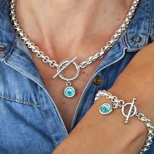 Swarovski Silver Rolo Chain, Birthstone Crystal from Swarovski, Birthstone Necklace, Toggle Necklace