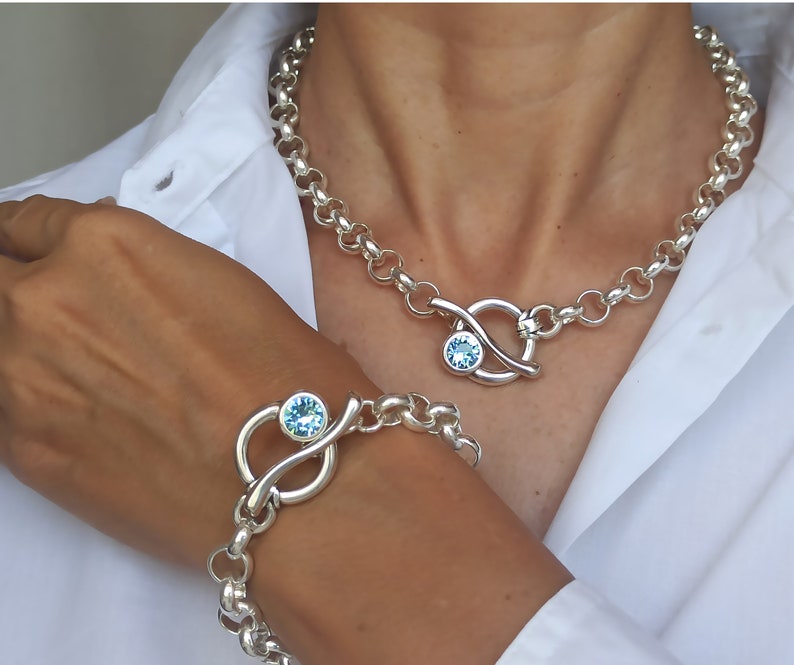 Ensemble gros collier et bracelet en argent, grosse chaîne Rolo en argent Swarovski, collier et bracelet Swarovski Toggle image 8