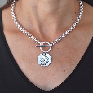 Gros collier en argent, gros collier pièce de monnaie, collier pièce de monnaie antique, chaîne rolo en argent