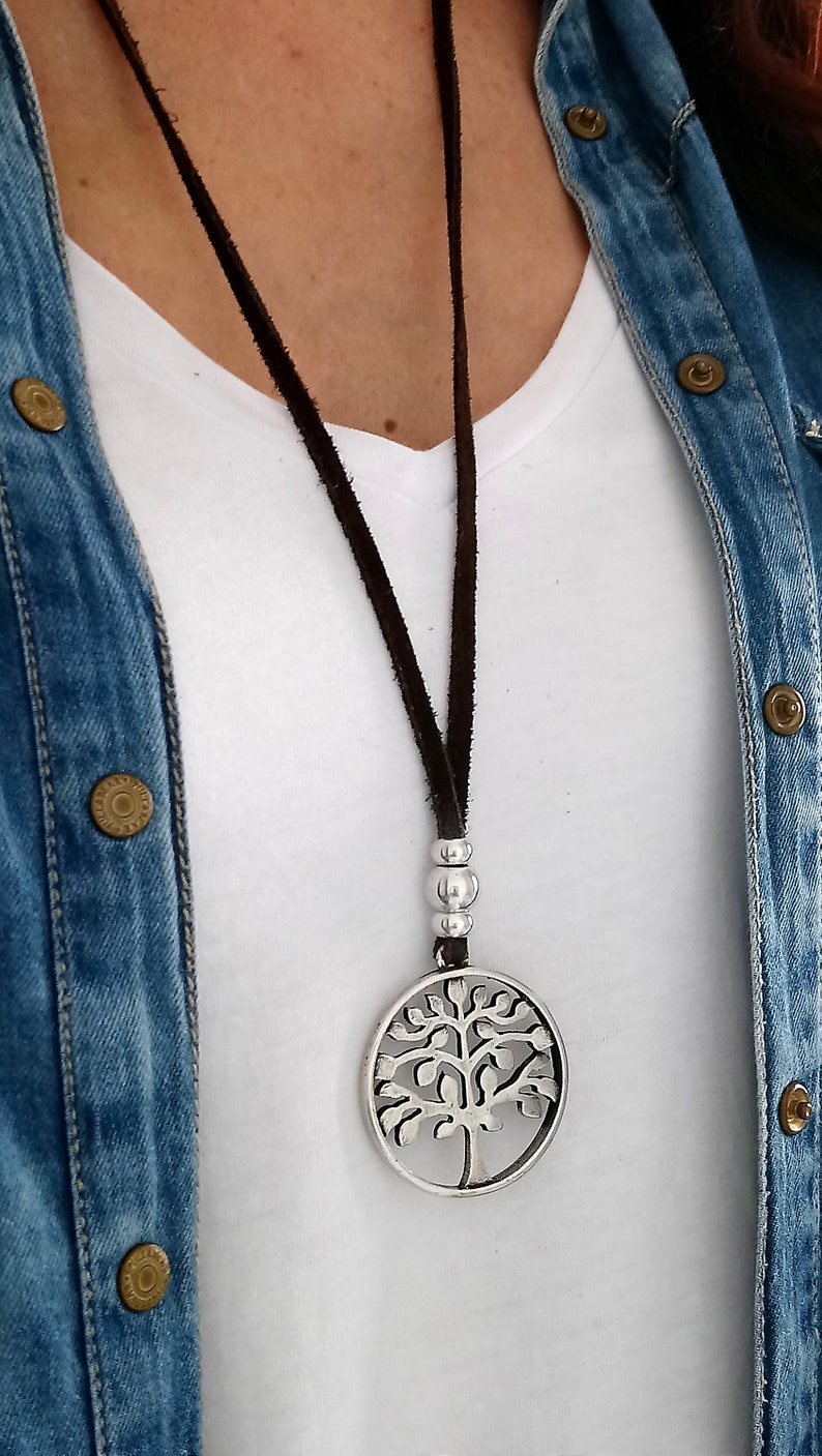 Zamak necklace Boho necklace Suede necklace Tree of Life Leather Necklace Sterling silver plated necklace Gift for Her