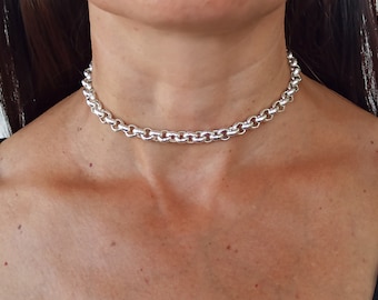 Gargantilla gruesa de plata: Collar llamativo con cadena Rolo