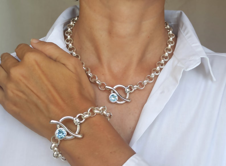 Ensemble gros collier et bracelet en argent, grosse chaîne Rolo en argent Swarovski, collier et bracelet Swarovski Toggle image 5