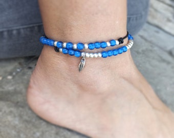 Silver wrap leather Anklet, blue resine