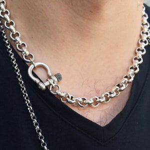 Men Silver chunky necklace, Silver Shackle necklace, Chunky rolo chain, Lock chain necklace, Antique silver chain