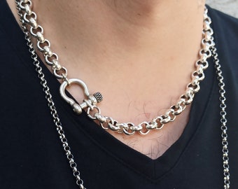 Men Silver chunky necklace, Silver Shackle necklace, Chunky rolo chain, Lock chain necklace, Antique silver chain