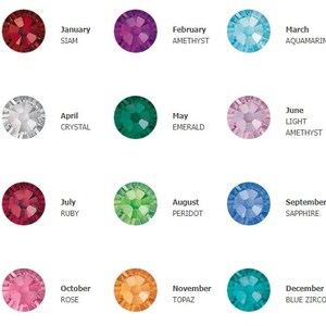 May include: A chart showing the birthstones for each month of the year. The chart features a circle with a gemstone for each month, with the month and gemstone name below each circle.