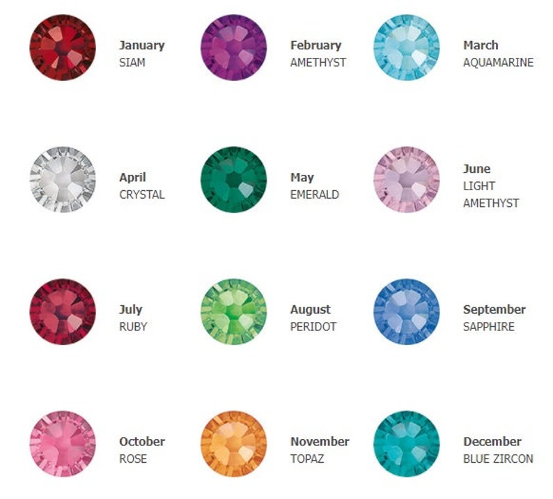 May include: A chart showing the birthstones for each month of the year. The chart features a circle with a gemstone for each month, with the month and gemstone name below each circle.