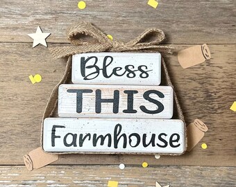 Bless This Farmhouse Wooden Block Decor, Handmade Shelf Sitter