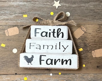 Handmade Faith Family Farm Wooden Block Decor, Farmhouse Style