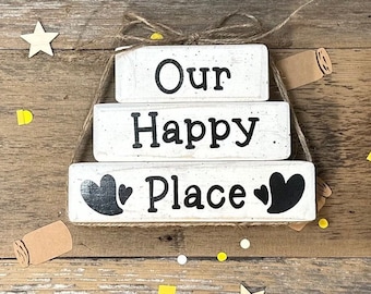 Farmhouse Wooden Block Decor, Our Happy Place Stacked Sign