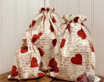 Handmade Valentine's Cotton Drawstring Gift Bag, Reusable Lined Fabric