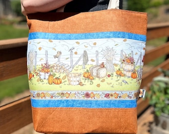 Harvest and Fall Burnt Orange and Blue Tote Bag, Handmade Quilted Tote Bag, Book Bag
