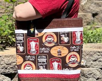Coffee Handmade Tote Bag,  Quilted Book Bag, Reusable Gift or Shopping Bag