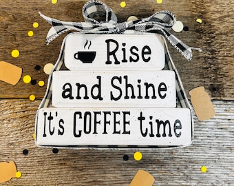 Rise and Shine Coffee Wooden Block Set, Farmhouse Tiered Tray Decor