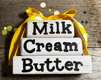 Milk Cream Butter,  Stack of 3 Wooden Blocks, Farmhouse, Home Décor,